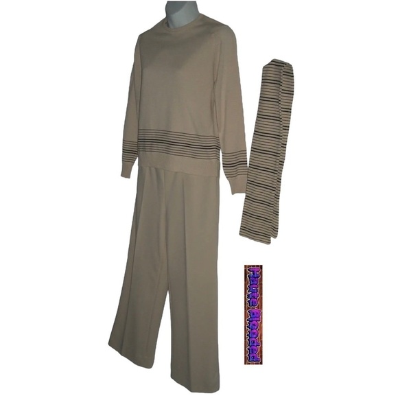 Vintage 70s Givenchy Sport Beige Striped Sweater Pants Scarf Logo Couture Petite - Picture 3 of 16